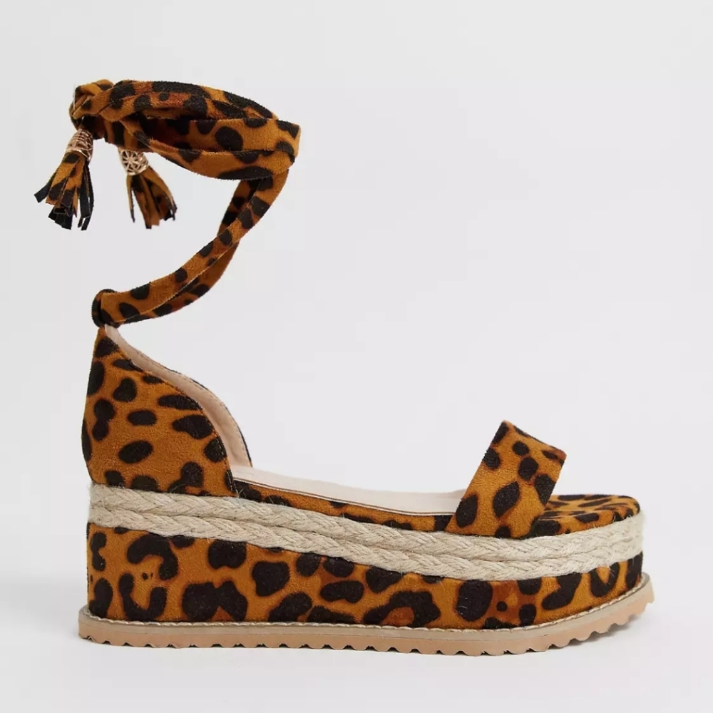 Leopard Print Espadrille Platform Sandals with Ankle Wrap